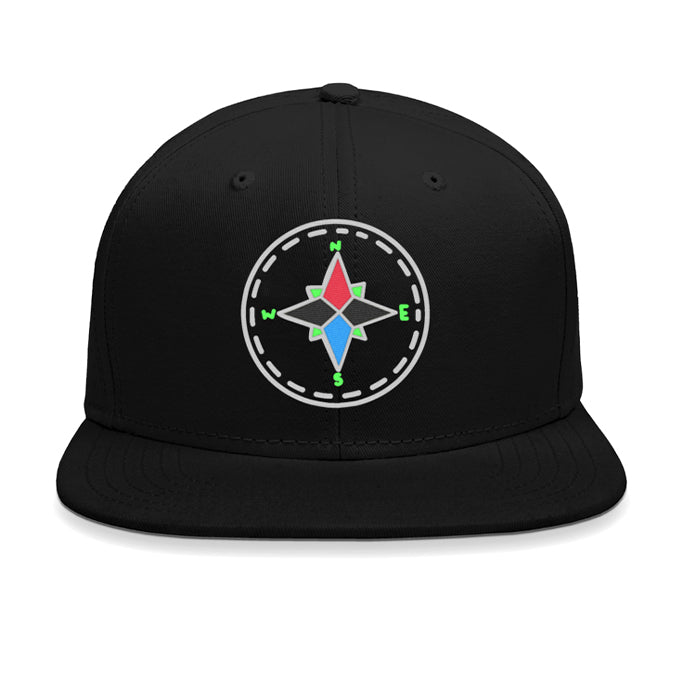 Black snapback cap with a colorful compass design.