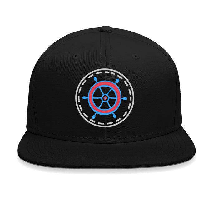 Black snapback cap with a blue and red steering helm wheel emblem.