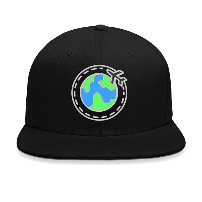 Black snapback cap with a globe and airplane design.