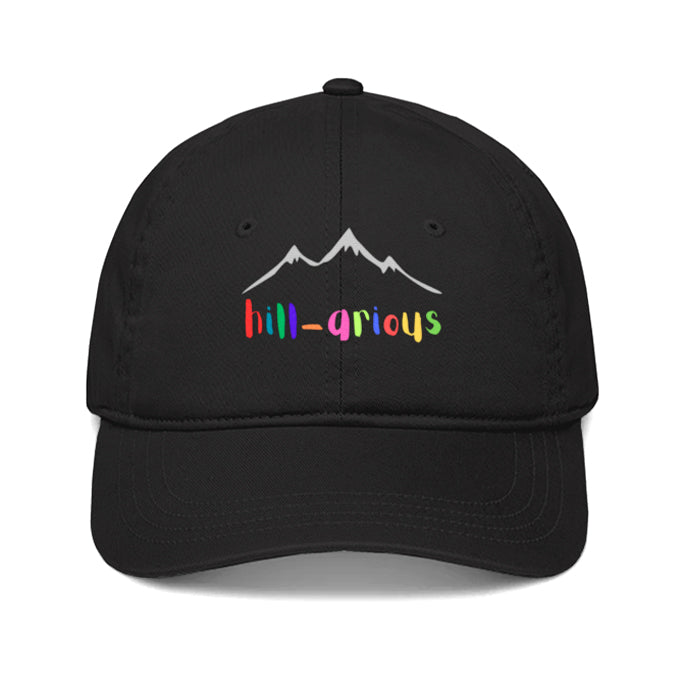 Black cap with the word 'Hillarious' and mountain design.