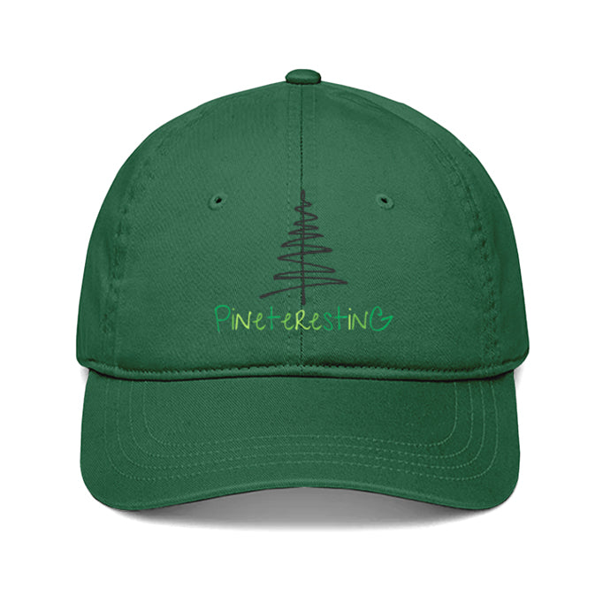 Green cap with the word 'Pineteresting' and a sketched pine tree.
