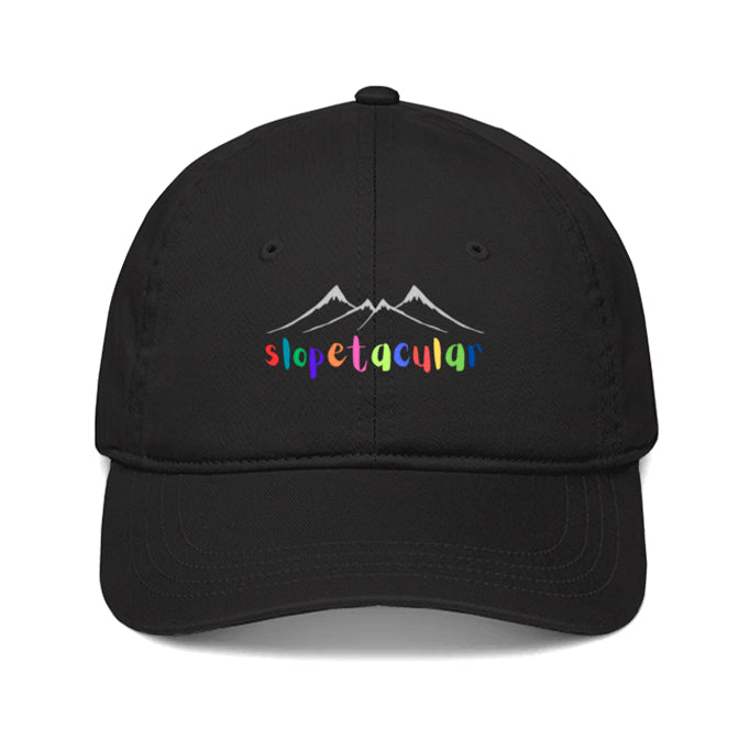 Black cap with 'slopetacular' text and mountain design.