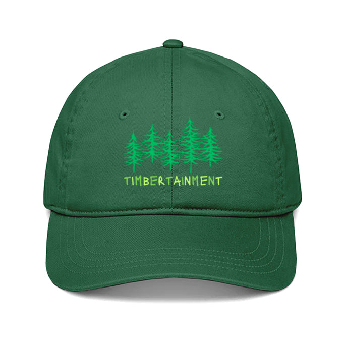 Green baseball cap with a green pine forest and includes the word Timbertainment.