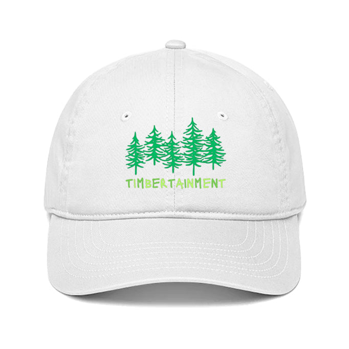 White baseball cap with a green pine forest and includes the word Timbertainment.