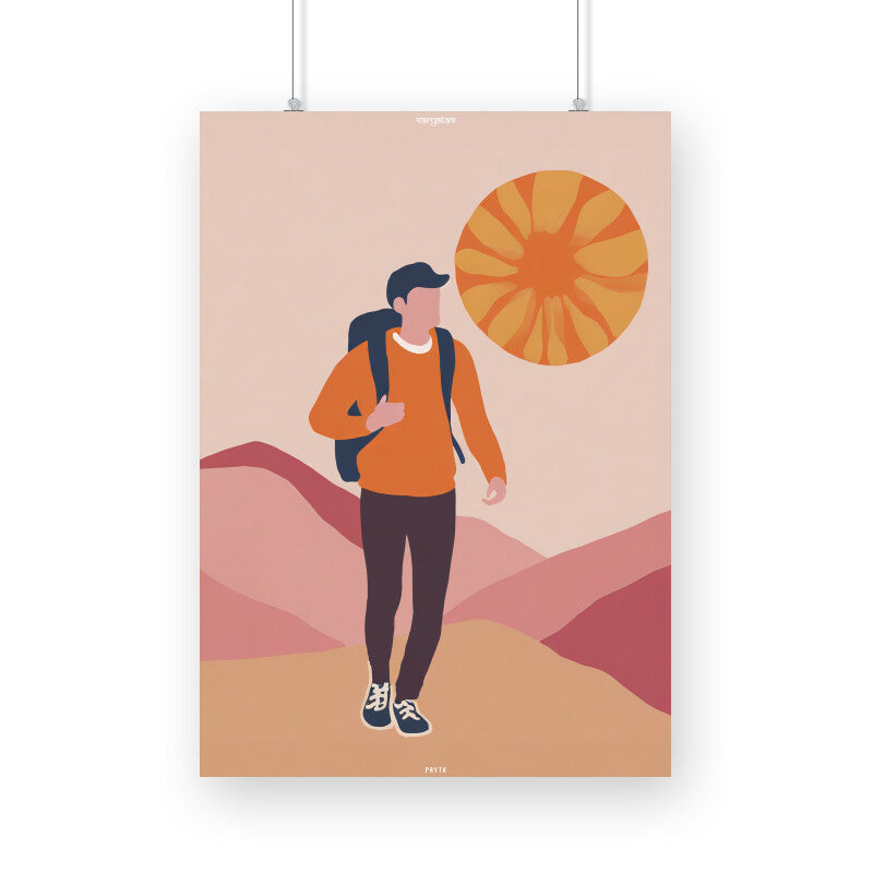 Backpacker Walking on the Mountain at Sunrise Poster
