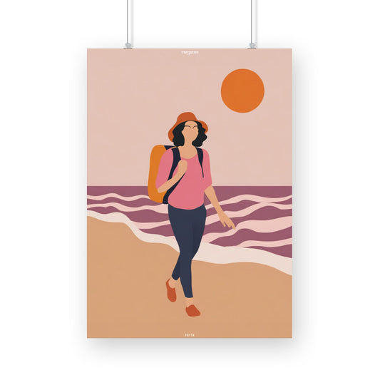 Backpacker Walking on the Beach at Sunset Poster