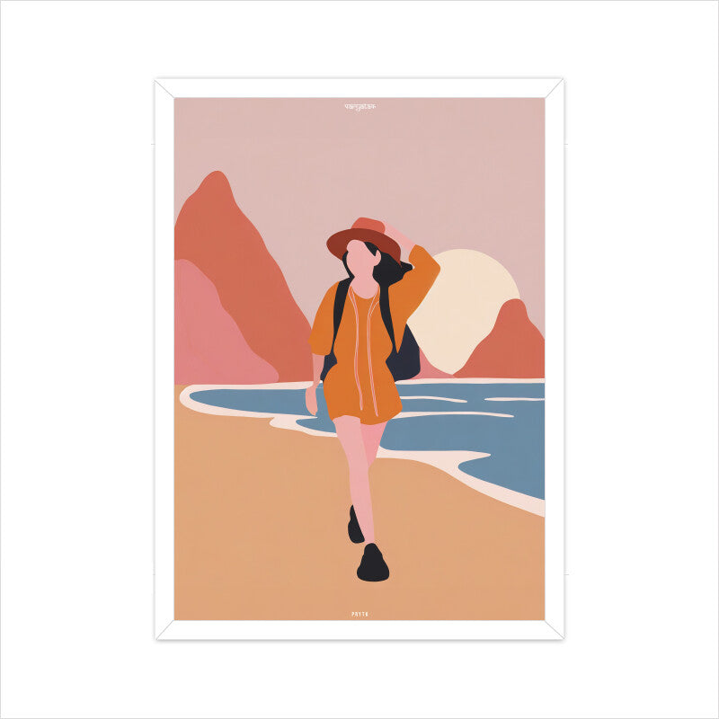 Backpacker Walking on the Beach at Sunrise Poster