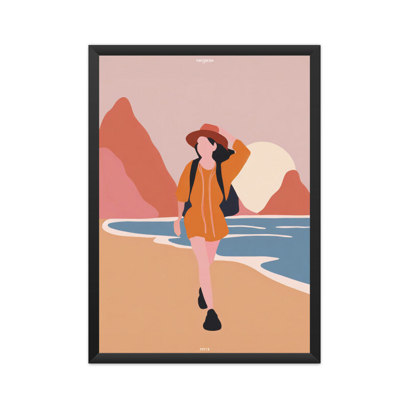Backpacker Walking on the Beach at Sunrise Poster