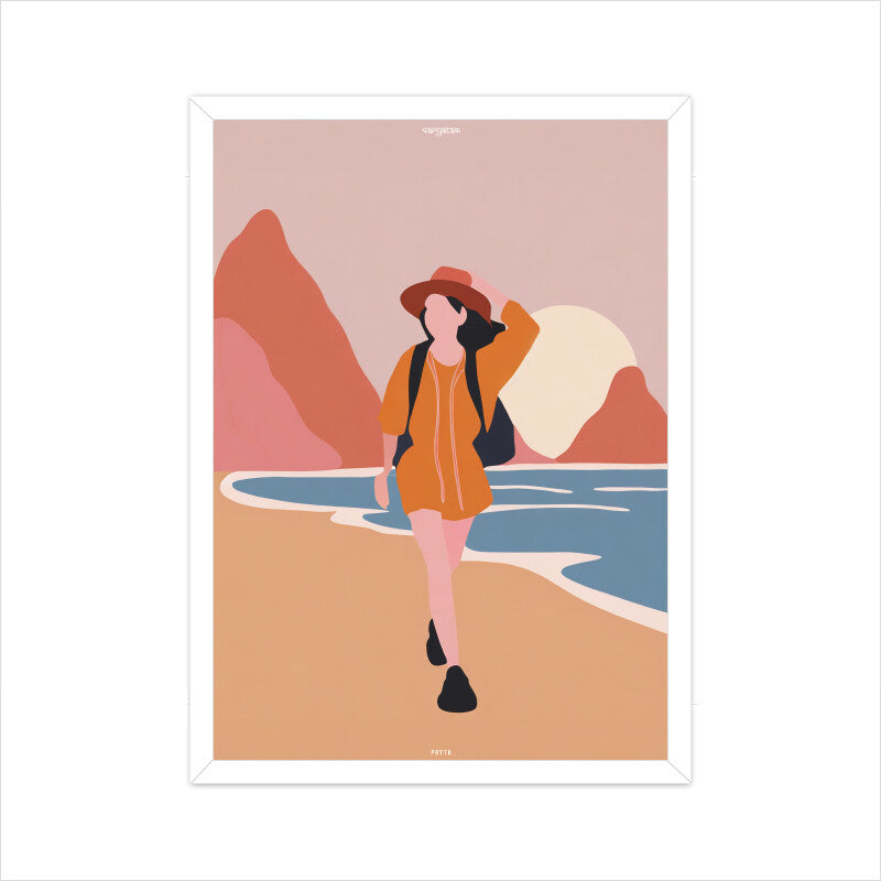 Backpacker Walking on the Beach at Sunrise Poster