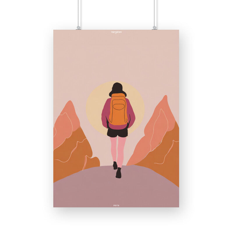 Backpacker Walking on the Mountain with Sun Poster