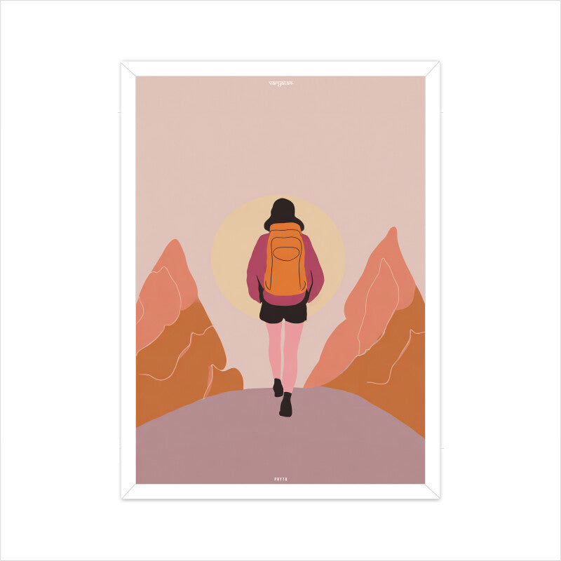 Backpacker Walking on the Mountain with Sun Poster