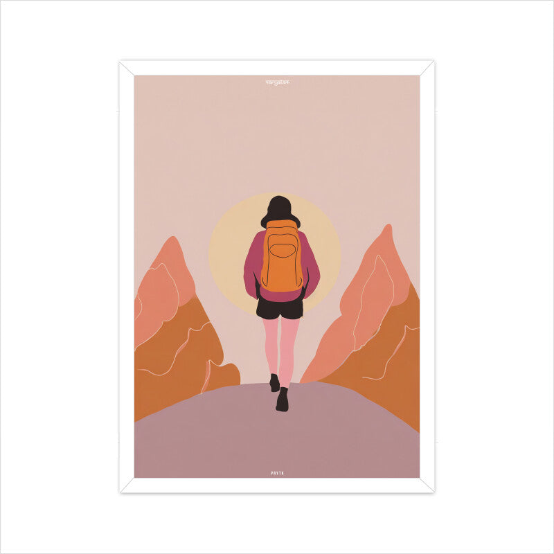 Backpacker Walking on the Mountain with Sun Poster