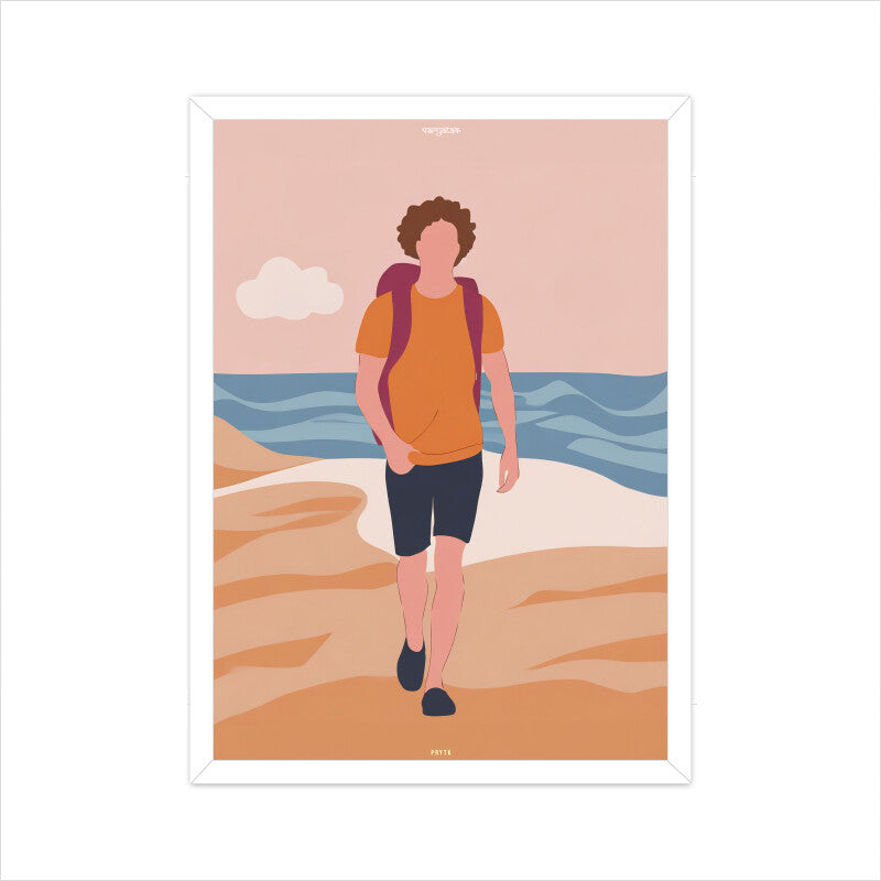Backpacker Walking on the Beach with Cloud Poster
