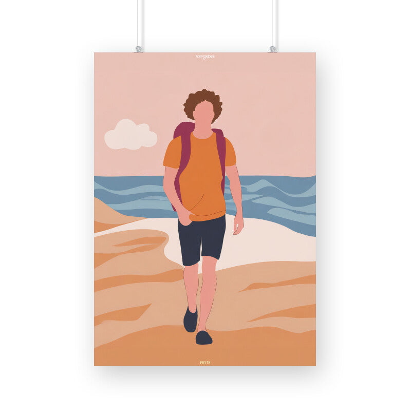 Backpacker Walking on the Beach with Cloud Poster