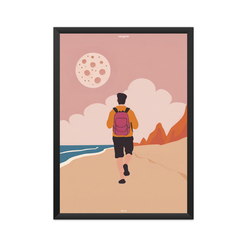 Backpacker Walking on the Beach with Moon Poster