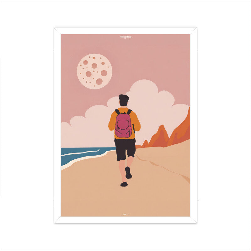 Backpacker Walking on the Beach with Moon Poster
