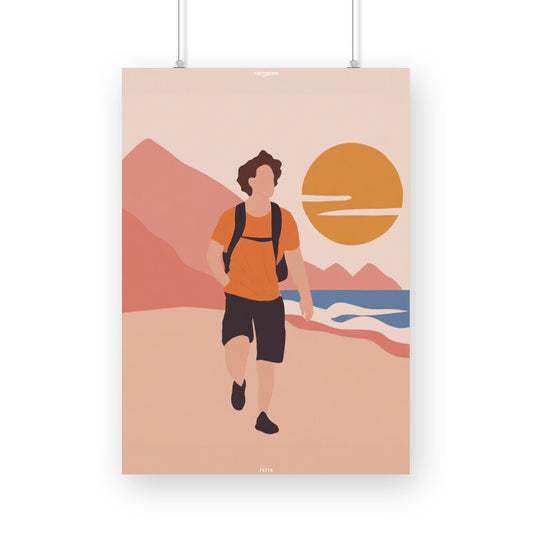 Backpacker Walking on the Beach with Sun Poster
