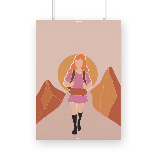 Backpacker Walking on the Mountain at Sunset Poster