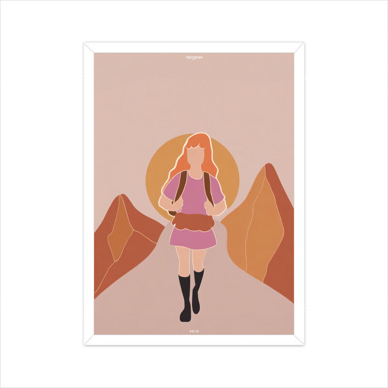 Backpacker Walking on the Mountain at Sunset Poster