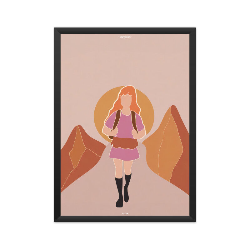 Backpacker Walking on the Mountain at Sunset Poster