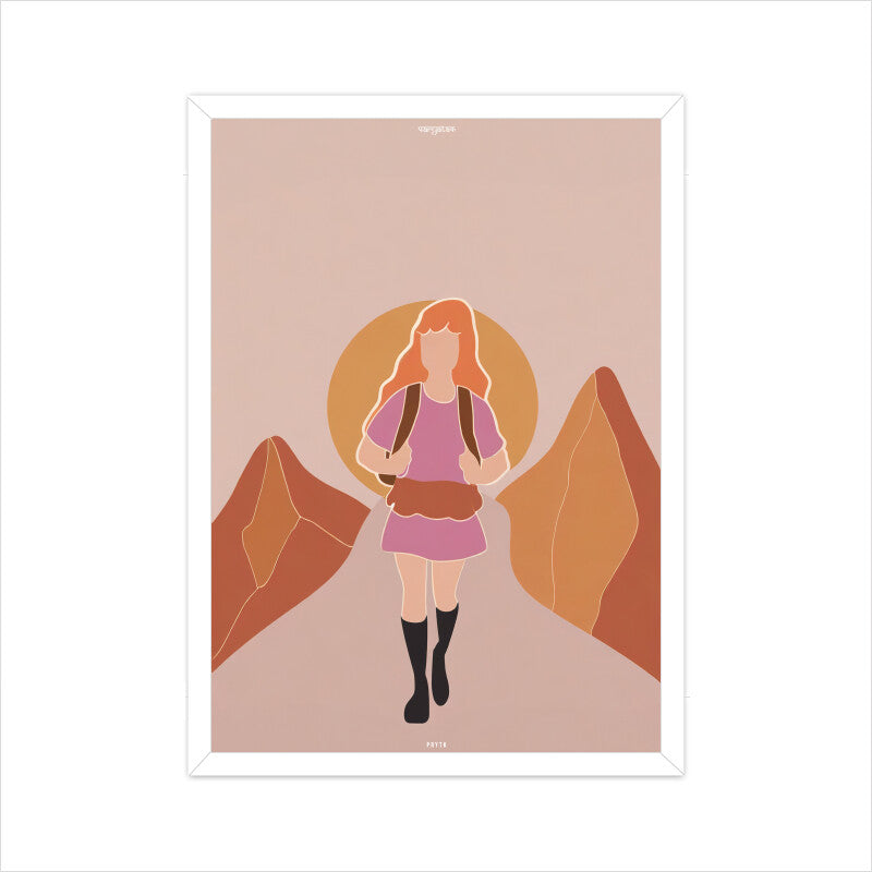 Backpacker Walking on the Mountain at Sunset Poster