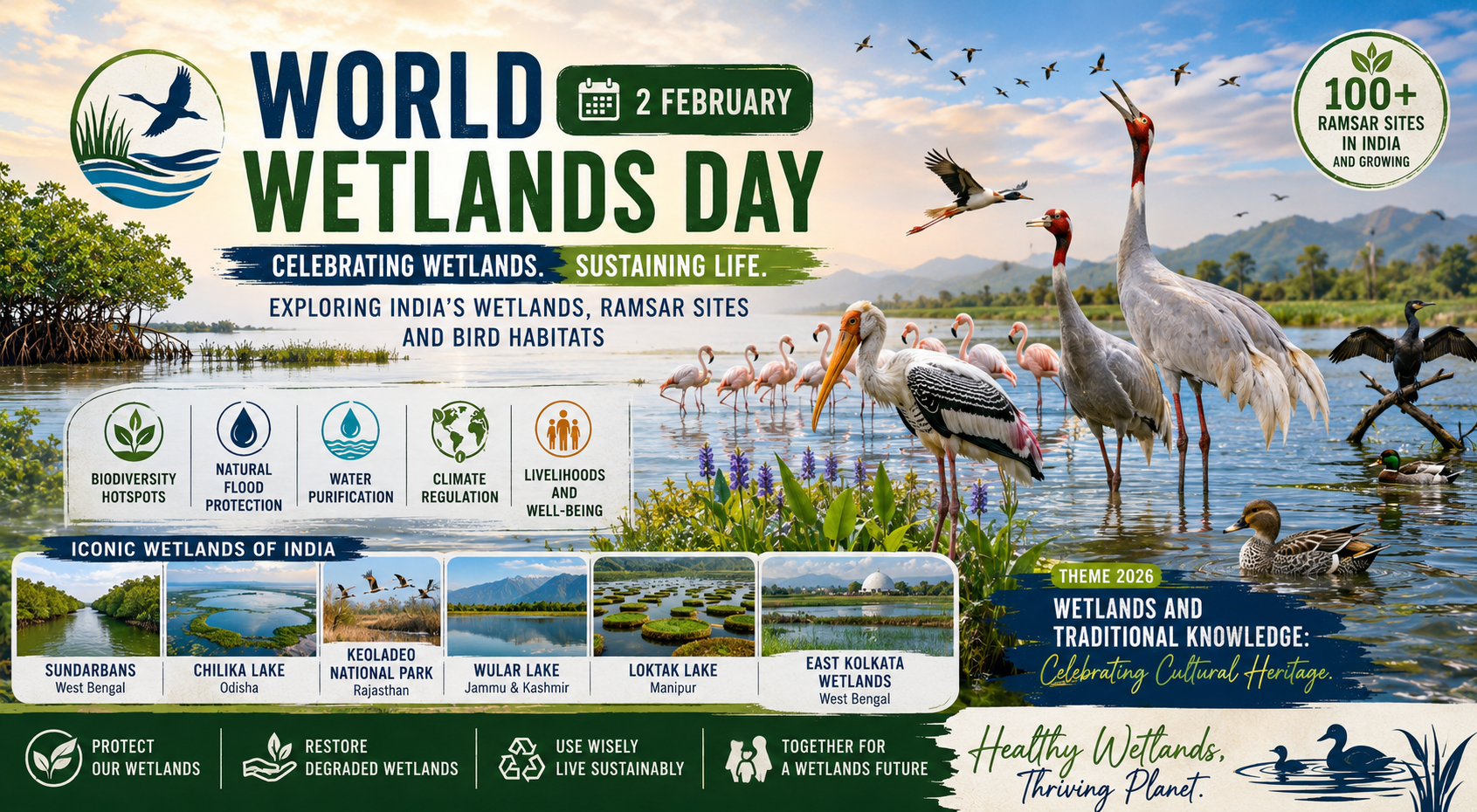 World Wetlands Day (2 February): Exploring India’s Wetlands, Ramsar Sites and Bird Habitats