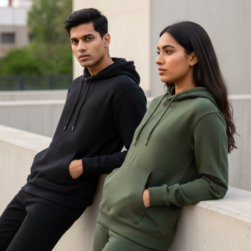 Male model wearing a black hoodie and female model wearing an olive green hoodies leaning on a ledge.