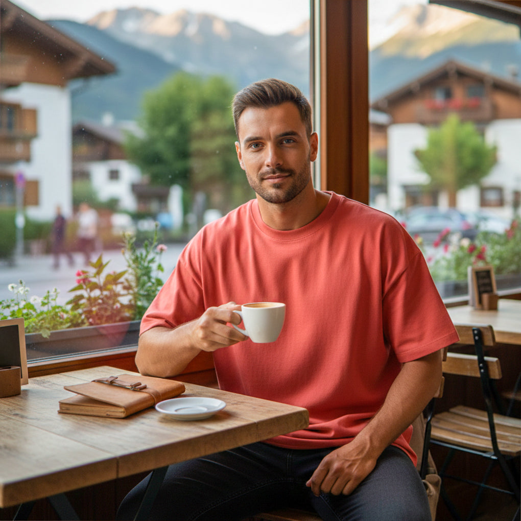 Male model in a plain Brick Red premium oversized t-shirt holding a cup of coffee in a cafe with a mountain view.