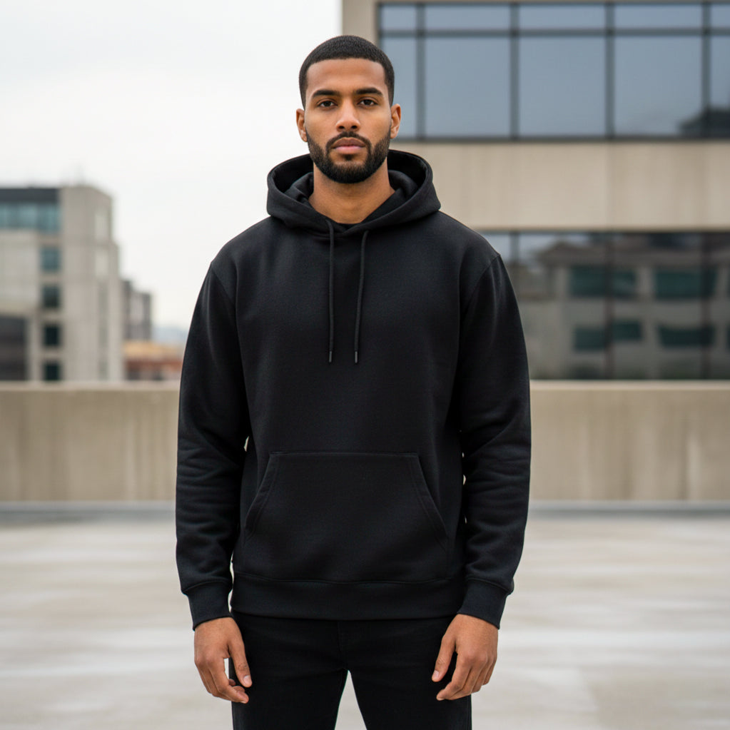Male model wearing a black hoodie standing on a rooftop with buildings in the background. Plain Black Hoodie by Paryatak Travel Shop.