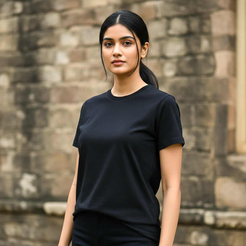 Woman model wearing a black t-shirt standing in front of a stone wall. Plain Black Women's T-shirt by Paryatak Travel Shop.