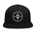 Black snapback cap with a colorful compass design.