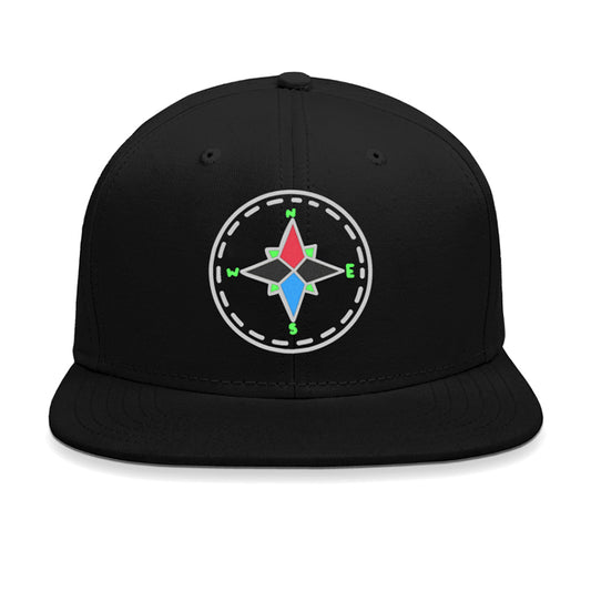 Black snapback cap with a colorful compass design.