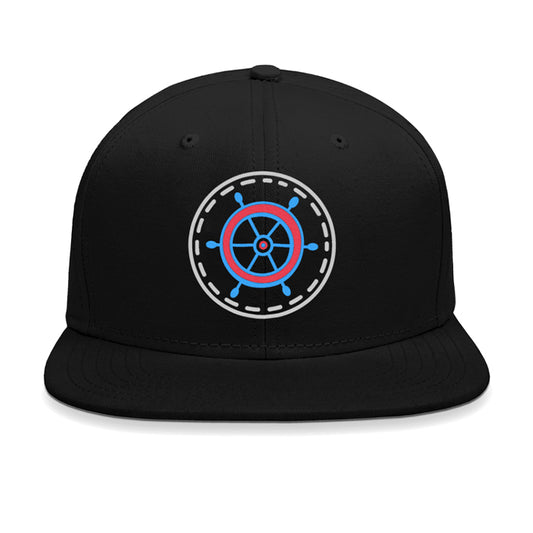 Black snapback cap with a blue and red steering helm wheel emblem.