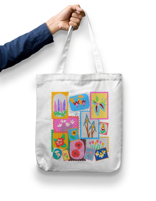 Floral Stamps Zipper Tote Bag