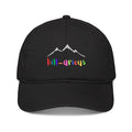 Black cap with the word 'Hillarious' and mountain design.