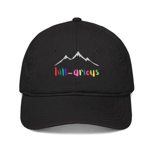 Black cap with the word 'Hillarious' and mountain design.