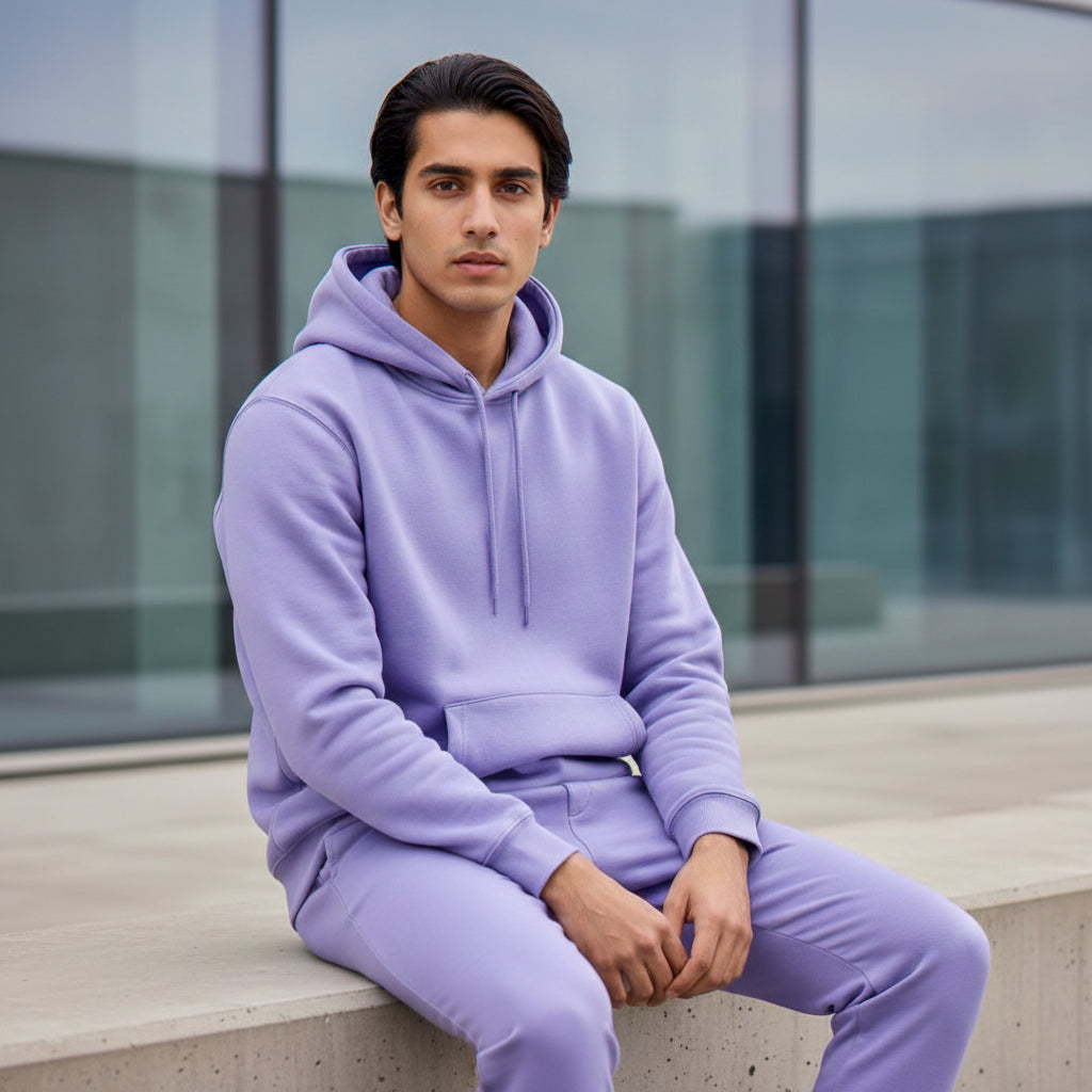 Male model wearing a iris lavender hoodie and joggers sitting on a ledge of a modern building. Plain Iris Lavender Hoodie by Paryatak Travel Shop.