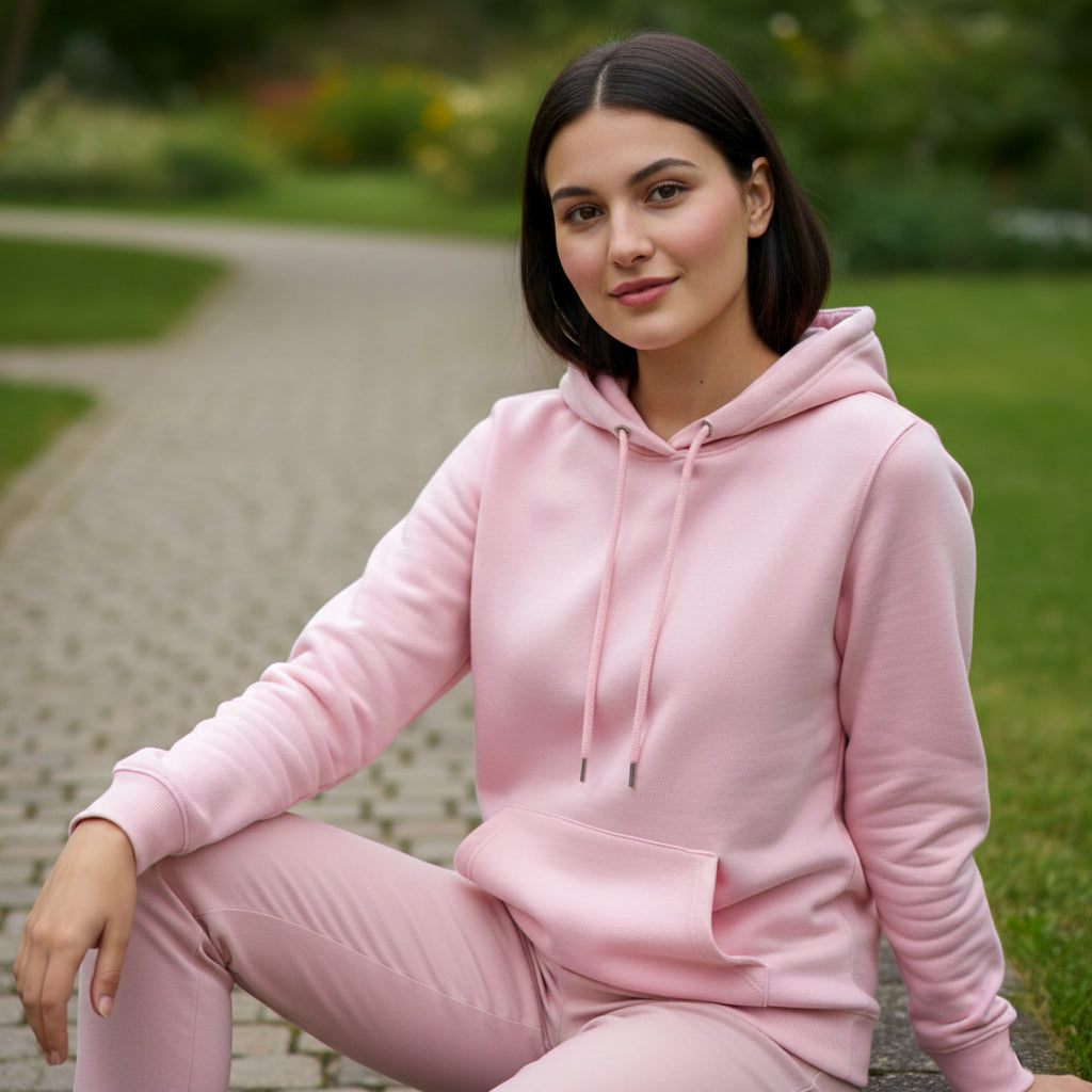 Female model wearing a light pink hoodie and joggers, sitting outdoors on a garden path. Plain Light Pink Hoodie by Paryatak Travel Shop.