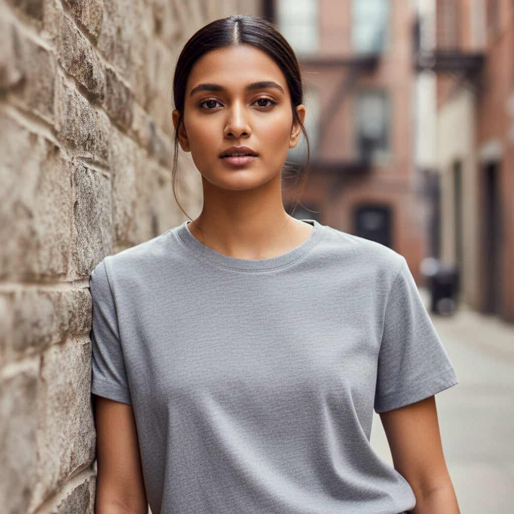 Female model wearing a melange gray t-shirt standing against a stone wall in an urban setting. Plain Melange Grey Women's T-shirt by Paryatak Travel Shop.