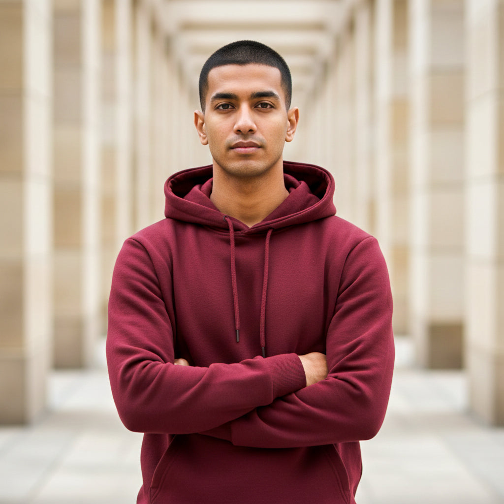 Male model wearing a maroon hoodie standing in a hallway with columns. Plain Maroon Hoodie by Paryatak Travel Shop.