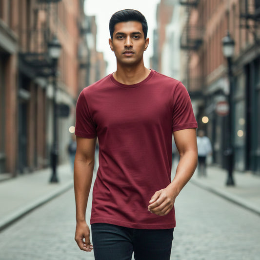 Male model wearing a maroon t-shirt on a city street. Plain Maroon Men's T-shirt by Paryatak Travel Shop.