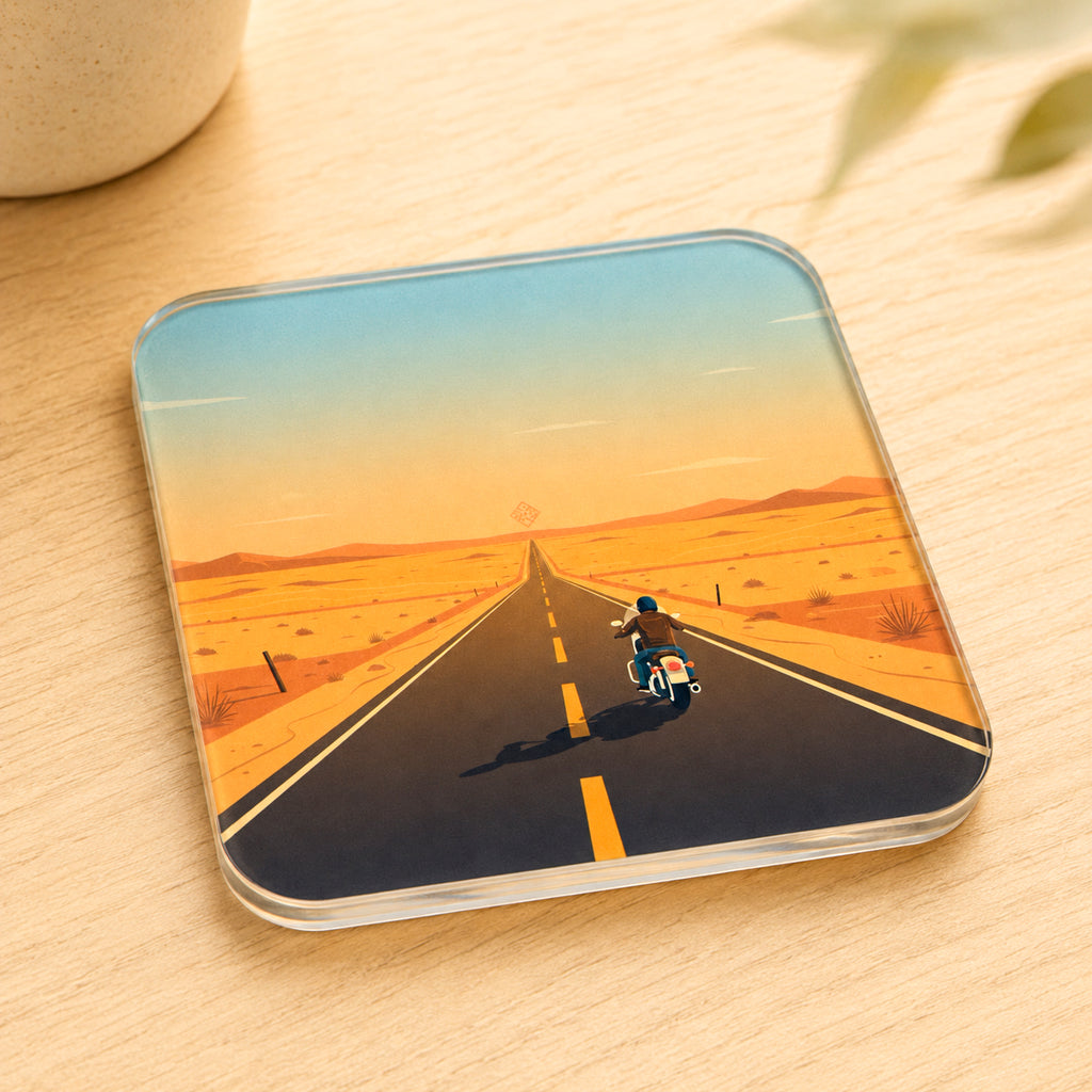 Motorcycle on Desert Highway Coaster