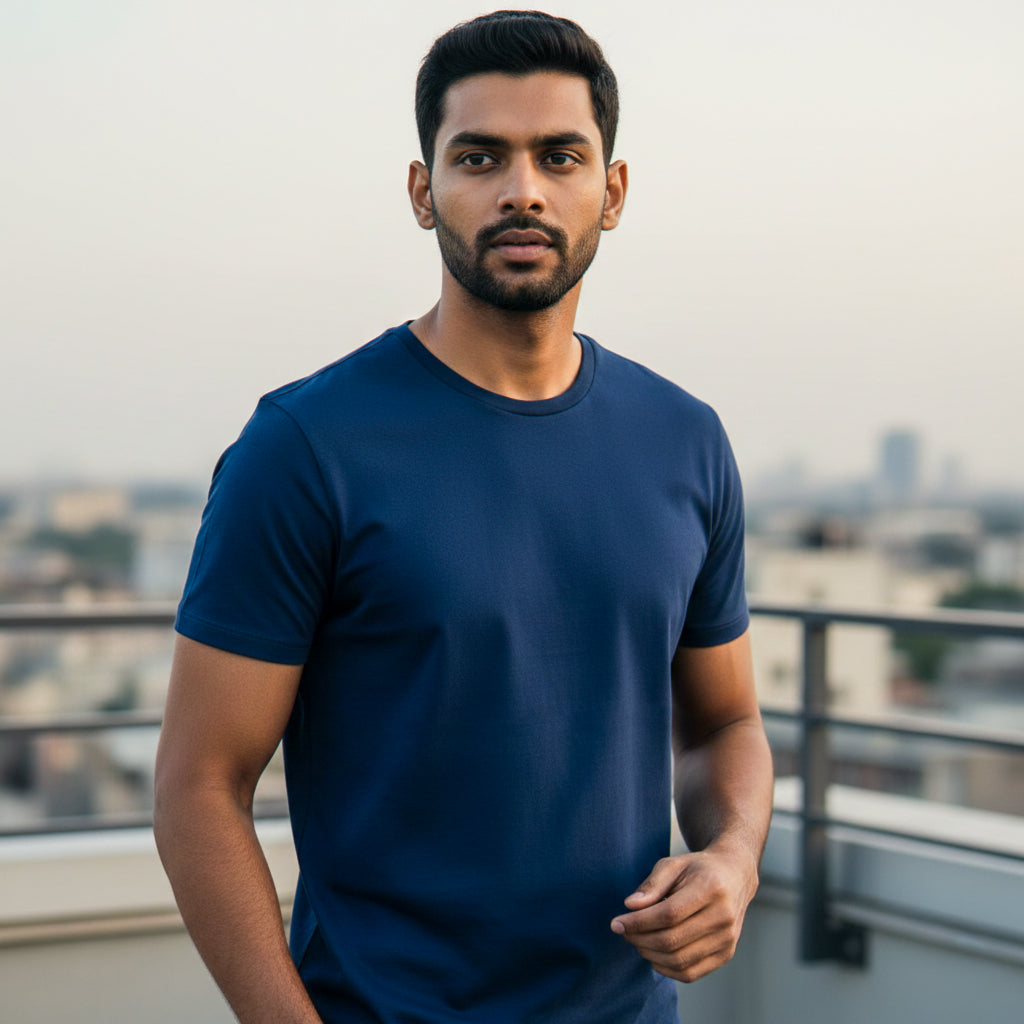Male model wearing a navy blue t-shirt standing on a rooftop with a cityscape in the background. Plain Navy Blue Men's T-shirt by Paryatak Travel Shop.