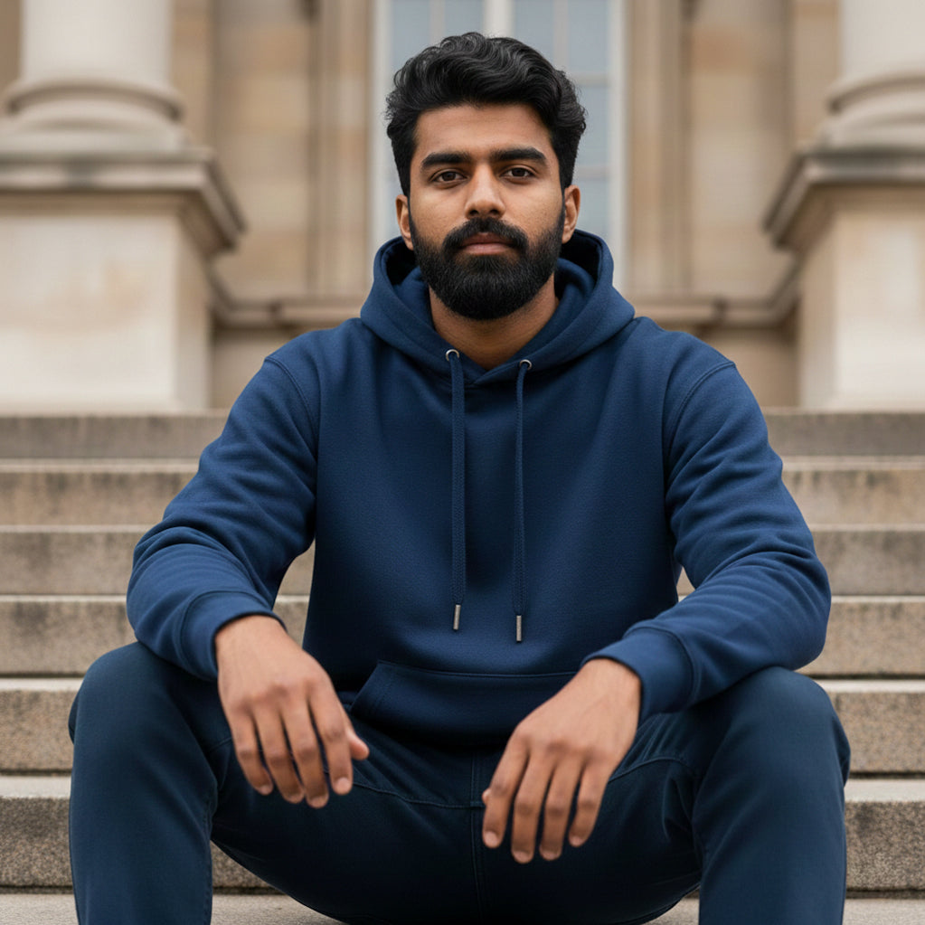 Male model wearing a blue hoodie sitting on the steps in front of a building. Plain Navy Blue Hoodie by Paryatak Travel Shop.