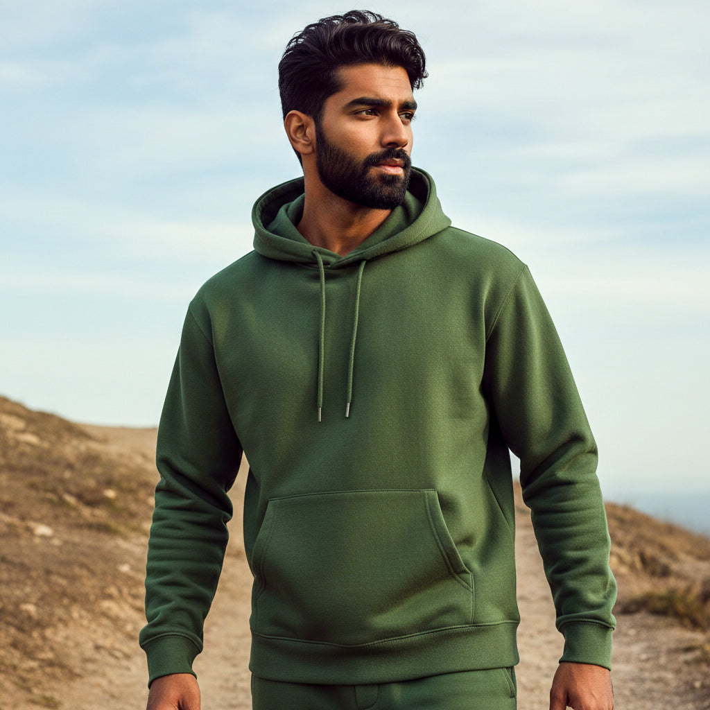 Male model wearing an olive green hoodie standing in a desert landscape. Plain Olive Green Hoodie by Paryatak Travel Shop.