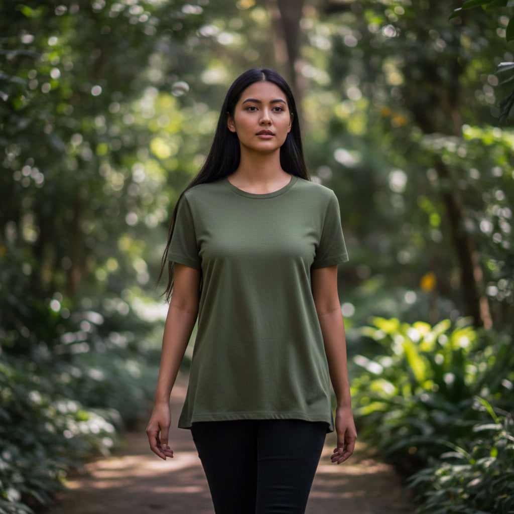 Woman model wearing a olive green t-shirt standing in a forest. Plain Olive Green Women's T-shirt by Paryatak Travel Shop.