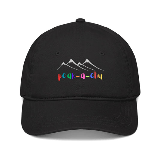Black cap with mountain design and 'peak-a-choo' text.