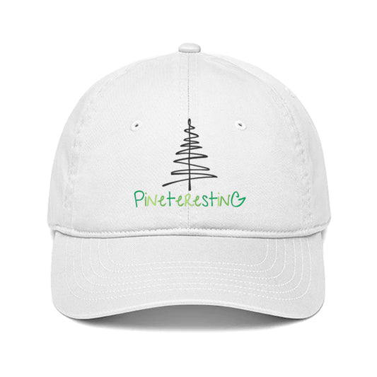 White cap with the word 'Pineteresting' and a sketched pine tree.