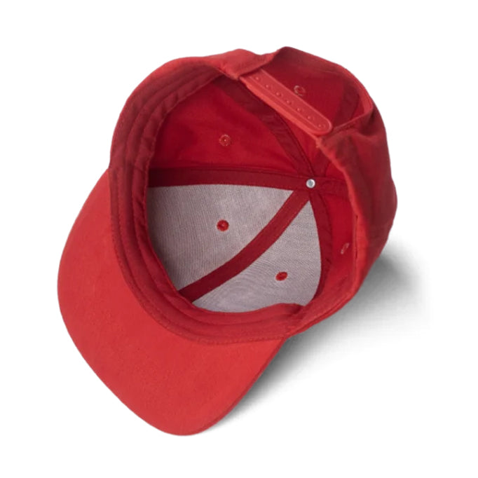 Flat down view of red snapback cap.