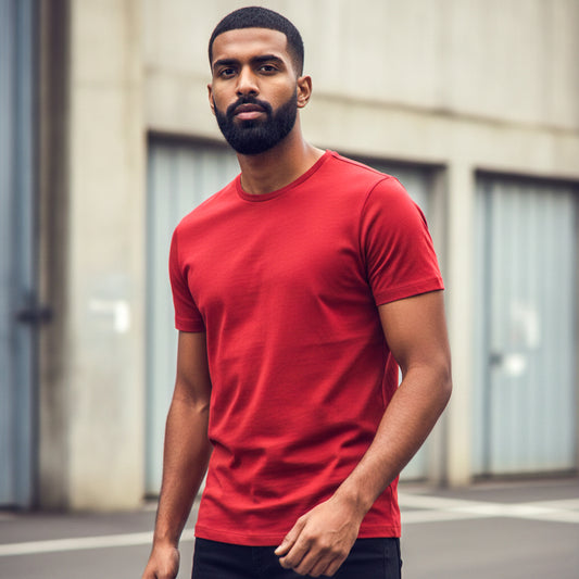 Male model wearing a red t-shirt standing outdoors. Plain Red Men's T-shirt by Paryatak Travel Shop.
